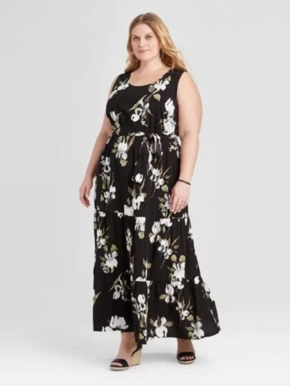 Ava & Viv Black Maxi Dress White Green Floral Tiered Flounce Ruffle NWOT 4X